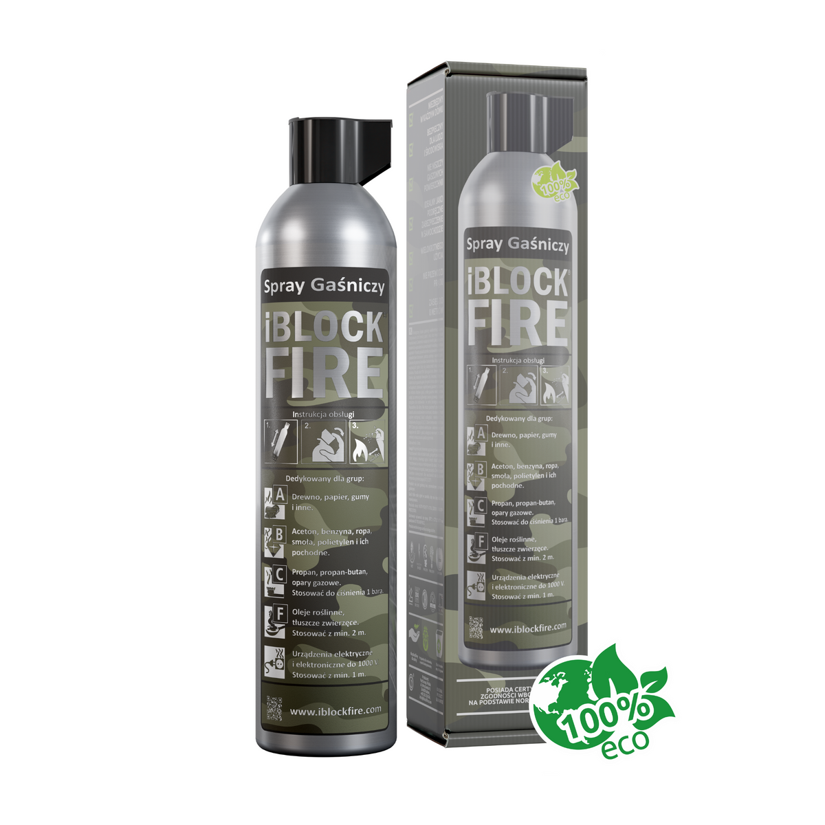 Spray Gaśniczy iBlockFIRE Militaryz opakowaniem