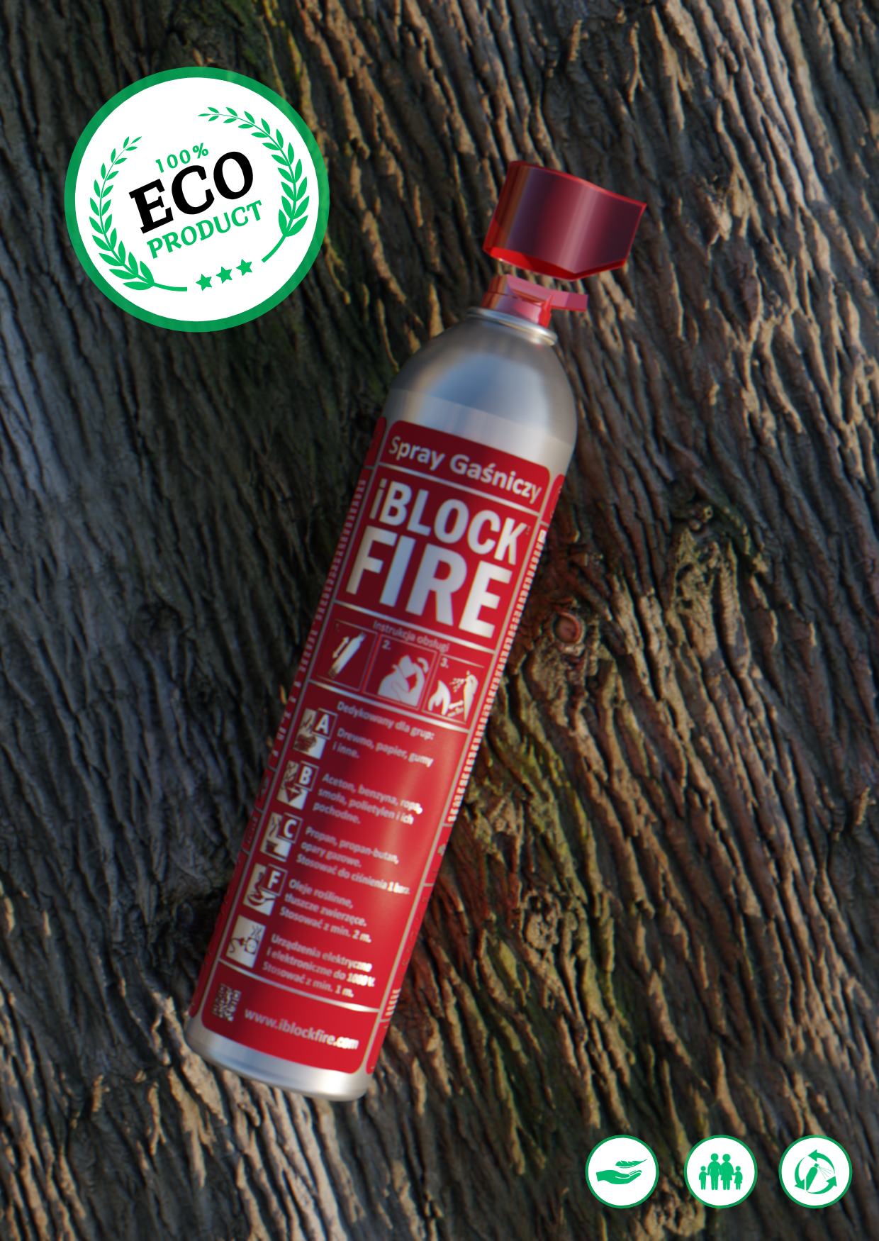 iBlockFIRE na tle drewna z etykietą  - produkt 100% ECO